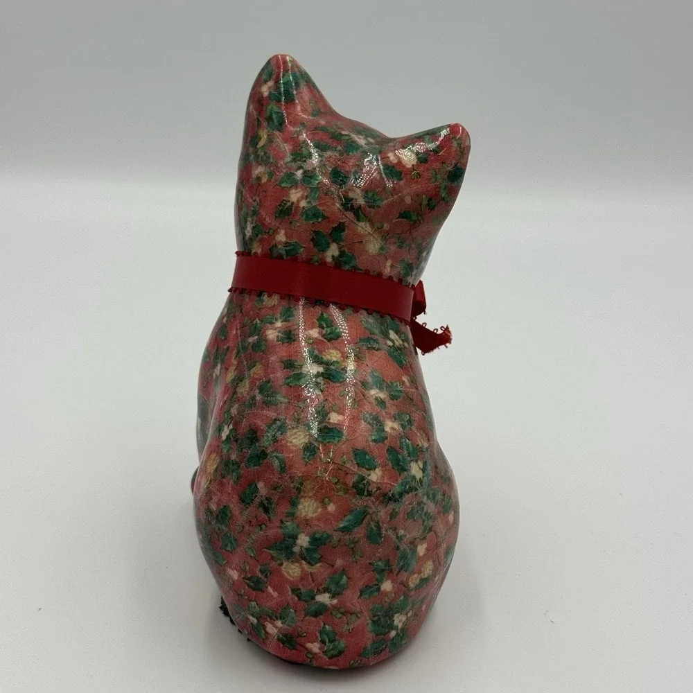vtg floral cat figurine decoupage fabric Sitting cat statue gorgeous home decor
